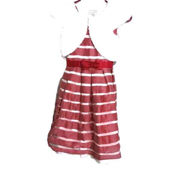 Jona Michelle Red White Stripe Party Dress Sleeveless with Faux Fur Shrug Sz 12 - Picture 2 of 13